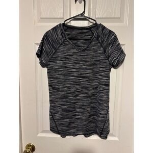 Athletic V Neck T Shirt Womens Black White Stripe Short Sleeve Activewear Top